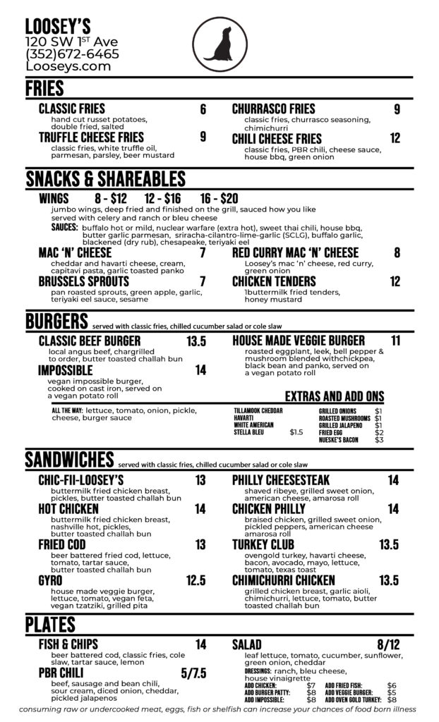 Summer 2021 Loosey's Menu