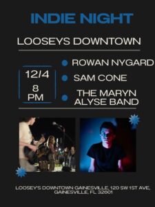 Indie Demolition Night show Poster for December 4, 2025 Text includes band names: Rowan Nygard, Sam Cone, and The Maryn Alyse Band. Show is free and starts at 8pm.
