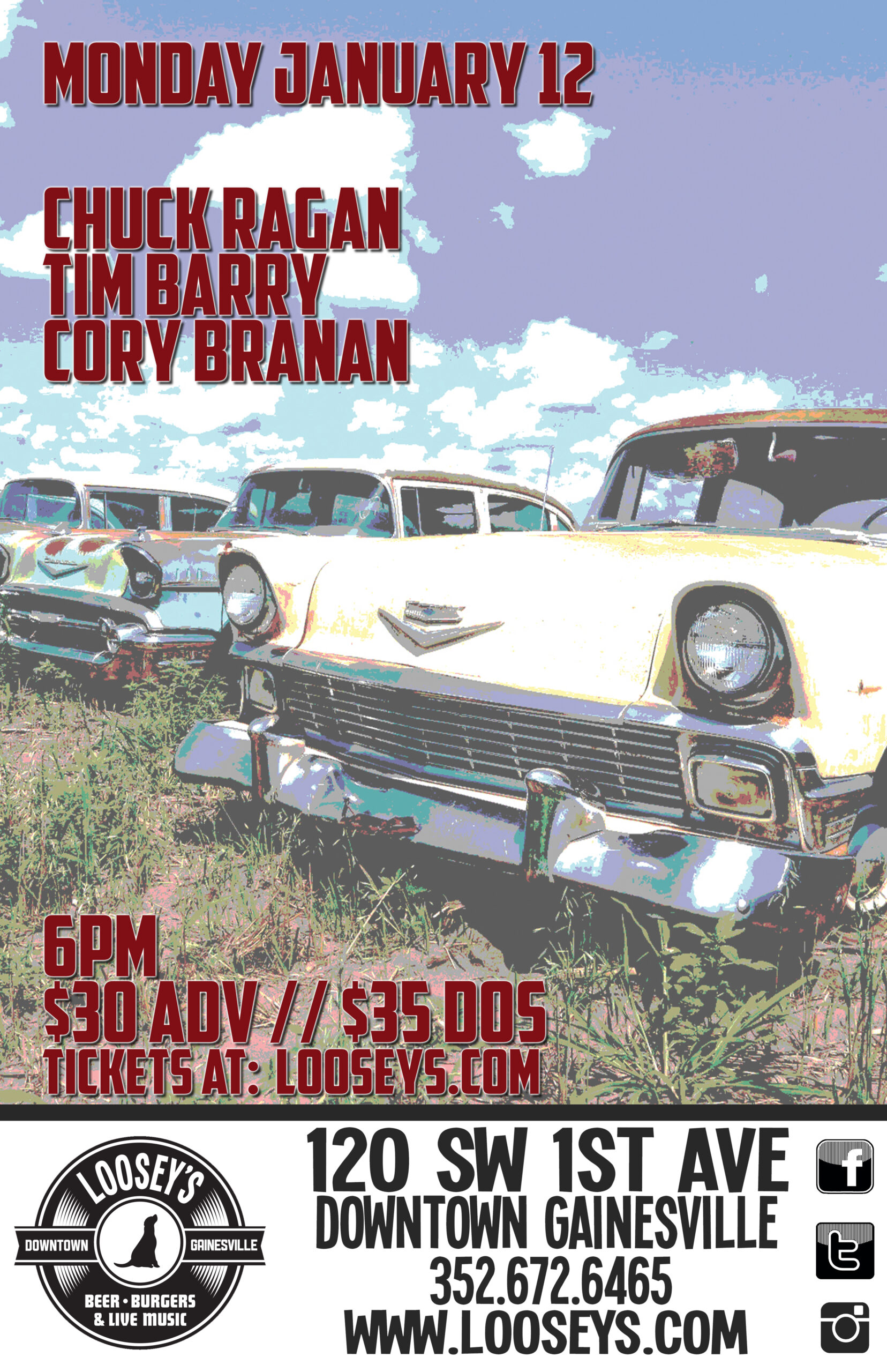 Show poster for Chuck Ragan, Time Barry, and Cory Branan concert at Loosey's Downtown on January 12, 2025 at 6pm. Tickets are $30 in advance, or $35 at the door.
