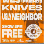 Indie Demolition Night show Poster for January 15, 2026 Text includes band names: Wes Hoffman and Friends, KNIVES, and Ugly Neighbor. Show is free and starts at 8pm.