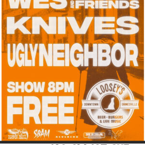 Indie Demolition Night show Poster for January 15, 2026 Text includes band names: Wes Hoffman and Friends, KNIVES, and Ugly Neighbor. Show is free and starts at 8pm.