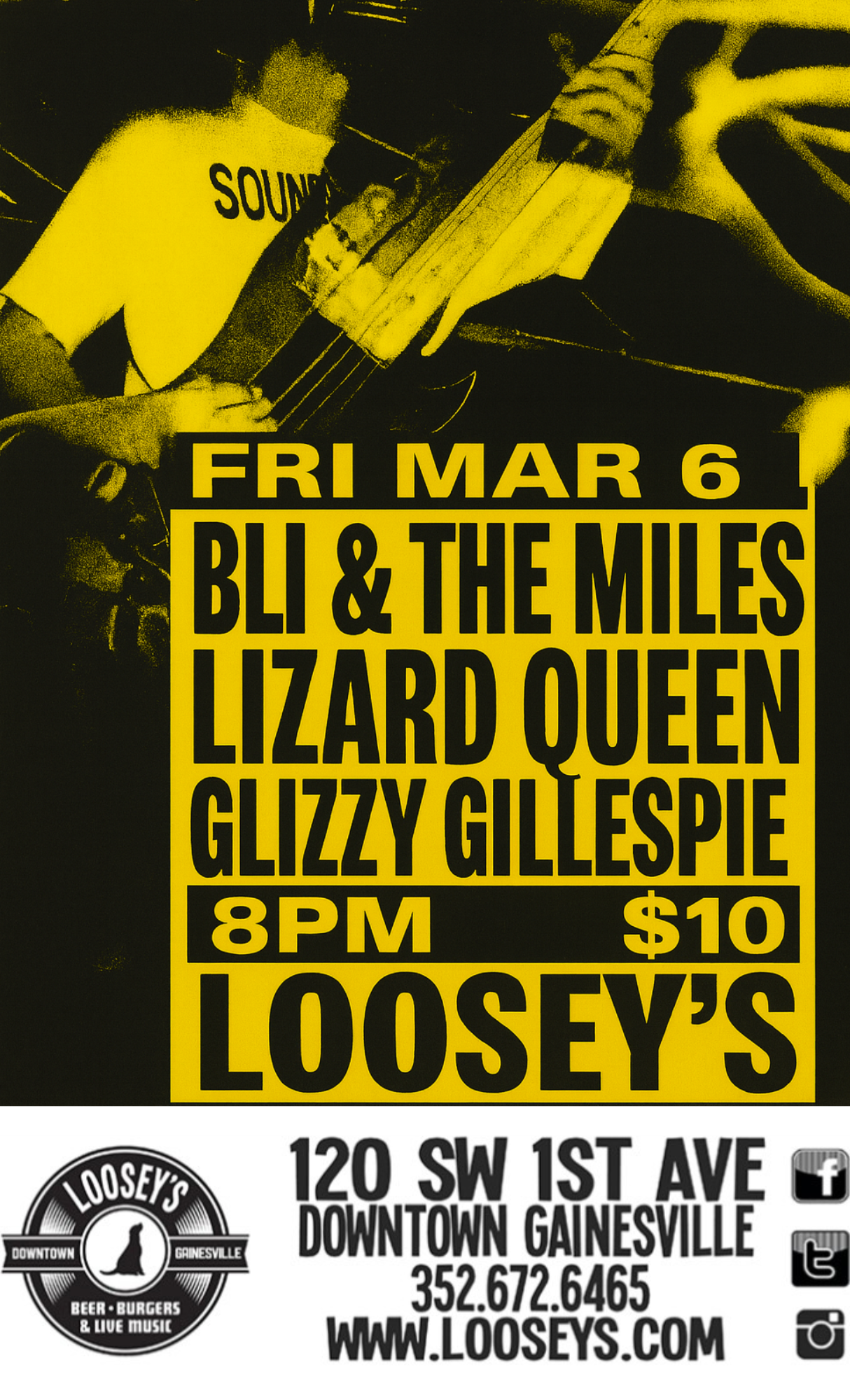Show poster for show at Loosey's Downtown with musical artists Bli & The Miles, Lizard Queen, and Glizzy Gillespie on Friday March 6, 2026. Doors at 8pm, tickets are $10.