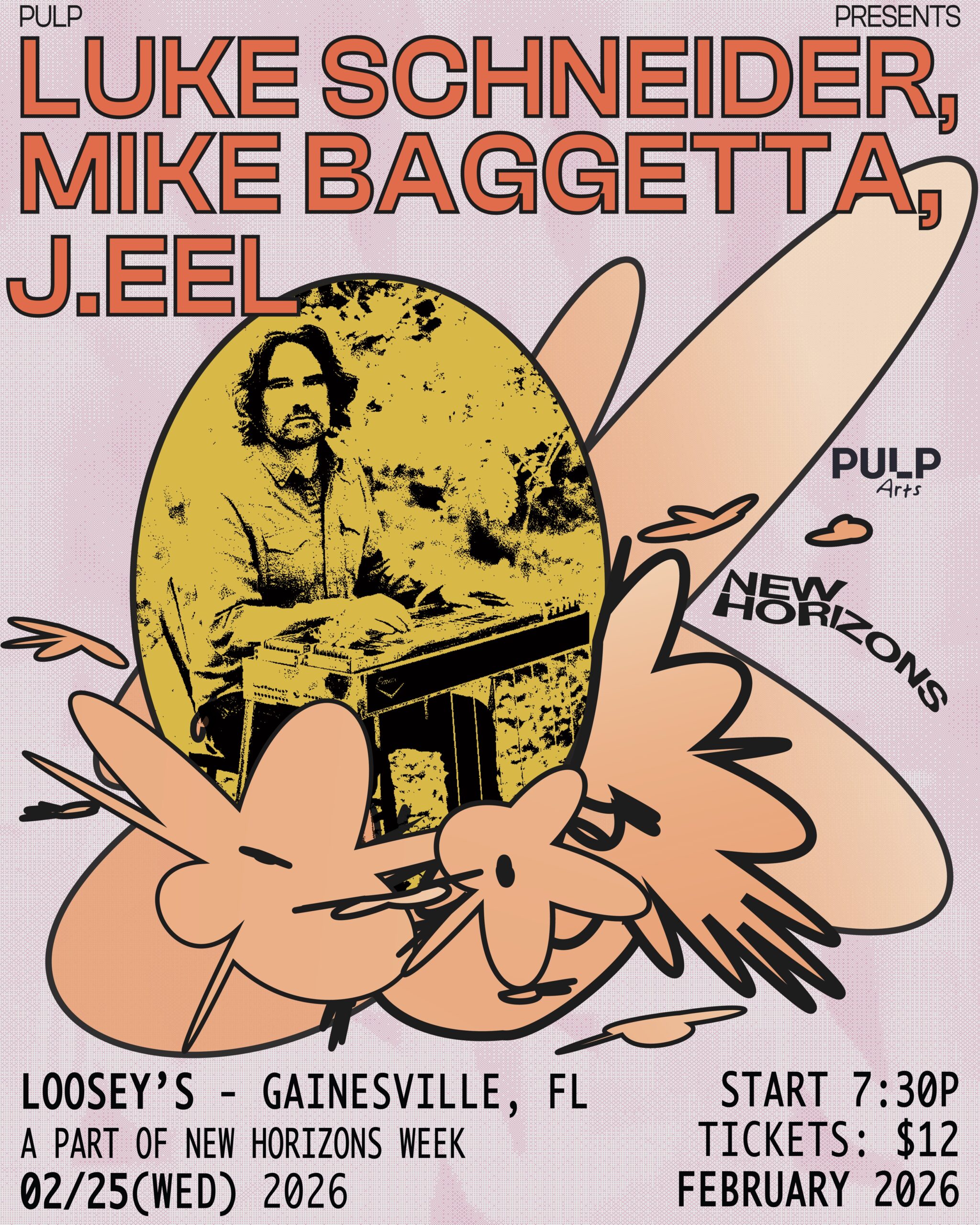 Show poster for show at Loosey's Downtown with musical artistsLuke Schneider, Mike Baggetta, and J.EEL on Wednesday Feb 25, 2026. Doors at 7:30pm, tickets are $12. Presented by Pulp Arts and New Horizons.